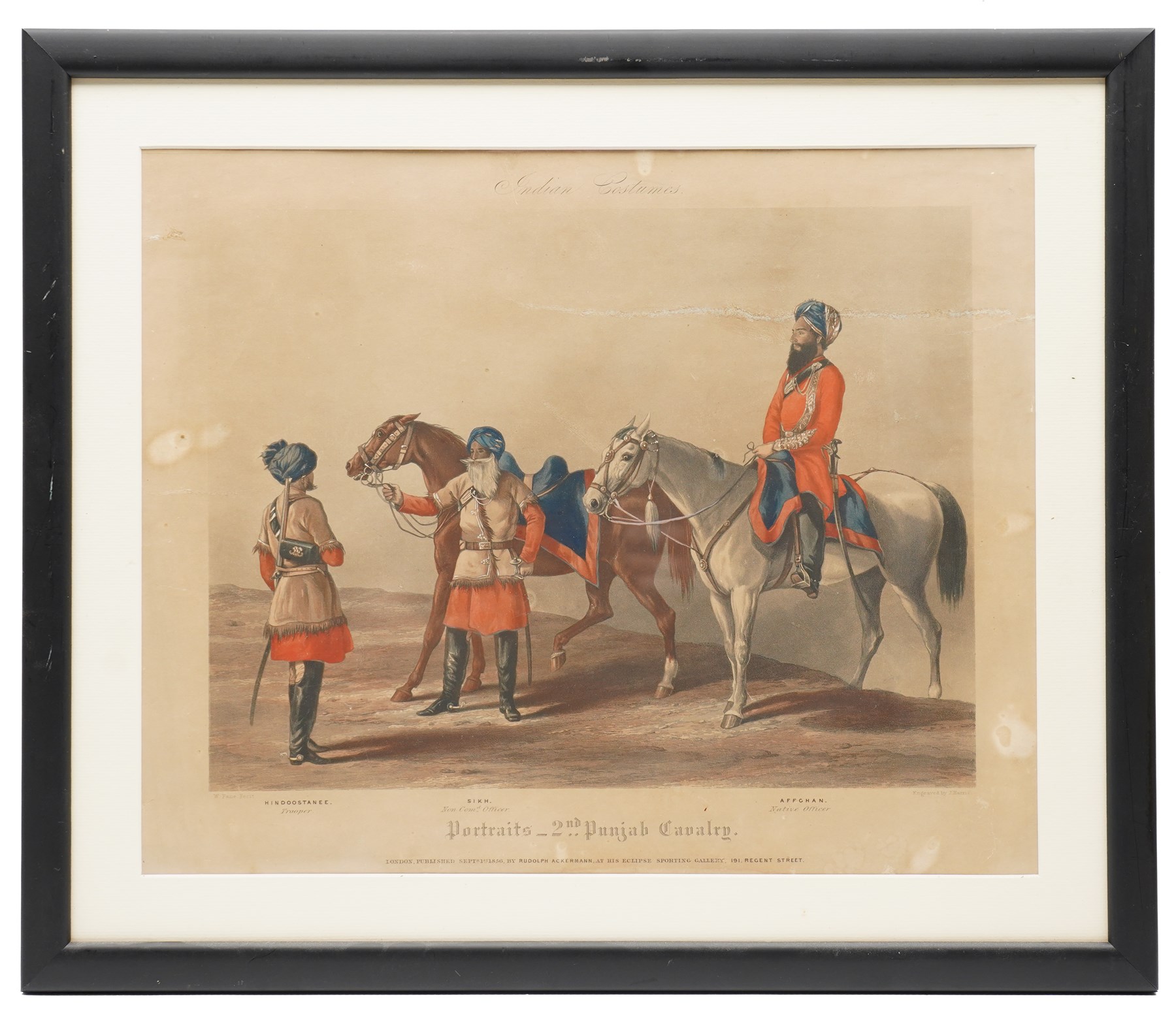 John June (British fl.1740-1770) after Francis Sartorius (British 1734-1804): 'The Famous Horse Pumkin', etching p.1794 unsigned 25cm x 35cm; John Harris Jr. (British 1791-1873) after Major General Walter Fane (British 1828-1885): 'Portraits - 2nd Punjab Cavalry', hand-coloured etching p.1856 unsigned 26.5cm x 35cm (2)