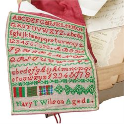 Ephemera including 19th century indenture, Victorian memorial cards and envelopes, sampler by Mary Wilson aged 11, 1940s photographs of George VI and royal family, miniature map of Turin circa 1600 and other items 