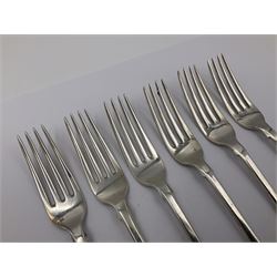 George IV Scottish silver Kings pattern cutlery for six place settings, to include table spoons, table forks, dessert spoons and dessert forks, all engraved with shamrock crest to terminal, hallmarked Robert Gray & Son, Glasgow 1833