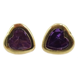  Pair of 9ct gold amethyst heart earrings, stamped 9K  