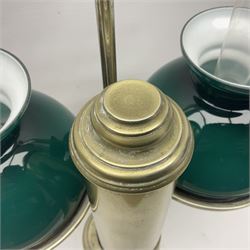 Miller & Sons Piccadilly polished brass double adjustable student's oil lamp, with green glass shades, H52cm