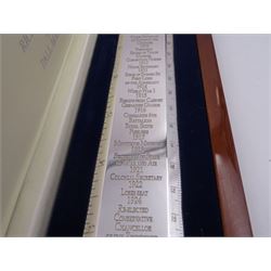 Modern silver 'Churchill Rule of Life' ruler, by Richard Jarvis of Pall Mall, engraved with the significant events and dates of Winston Churchill's life, from his birth in 1874 to his funeral in 1965, hallmarked Richard Jarvis, London 2007, L33.5cm, within wooden fitted case, with applied portrait to cover and silk and velvet lined interior
