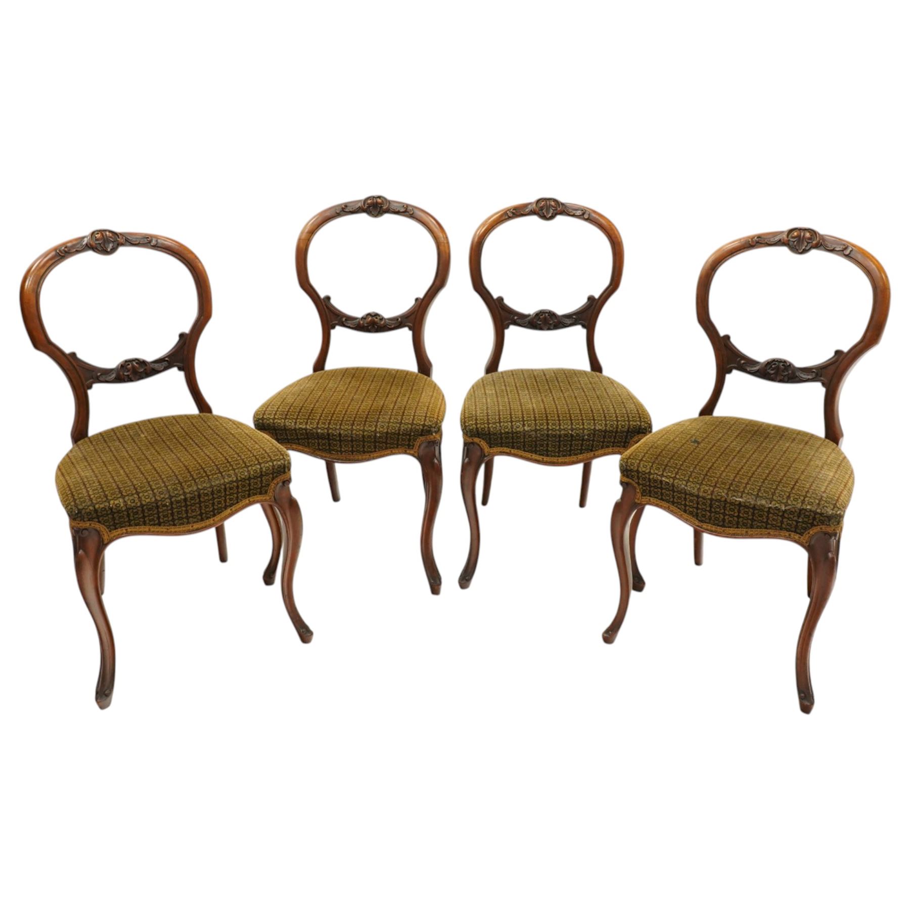 Victorian mahogany drop-leaf tea table, with set four Victorian balloon back dining chairs (Chairs H 86cm, D 43cm, W 45cm)