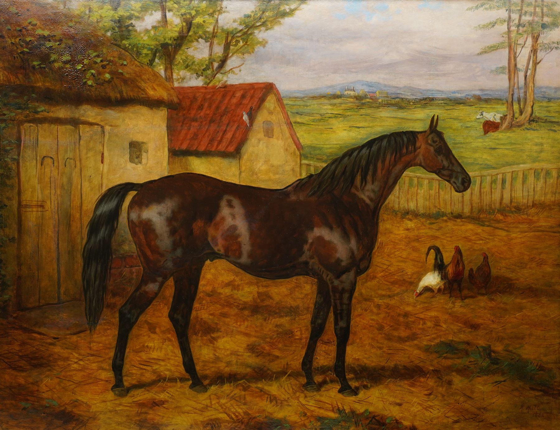 Harry Hall (British 1815-1882): 'Adventurer' a Dark Bay Racehorse Standing in a Farmyard, oil on canvas signed and dated 1882, 70cm x 90cm
Notes: Adventurer was one of Newminster's sons and a well respected racehorse in the late 19th century; after retirement he became a successful stallion himself.