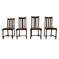 Early 20th century oak barley twist drop leaf dining table (105cm x 154cm, H74cm), and four chairs 