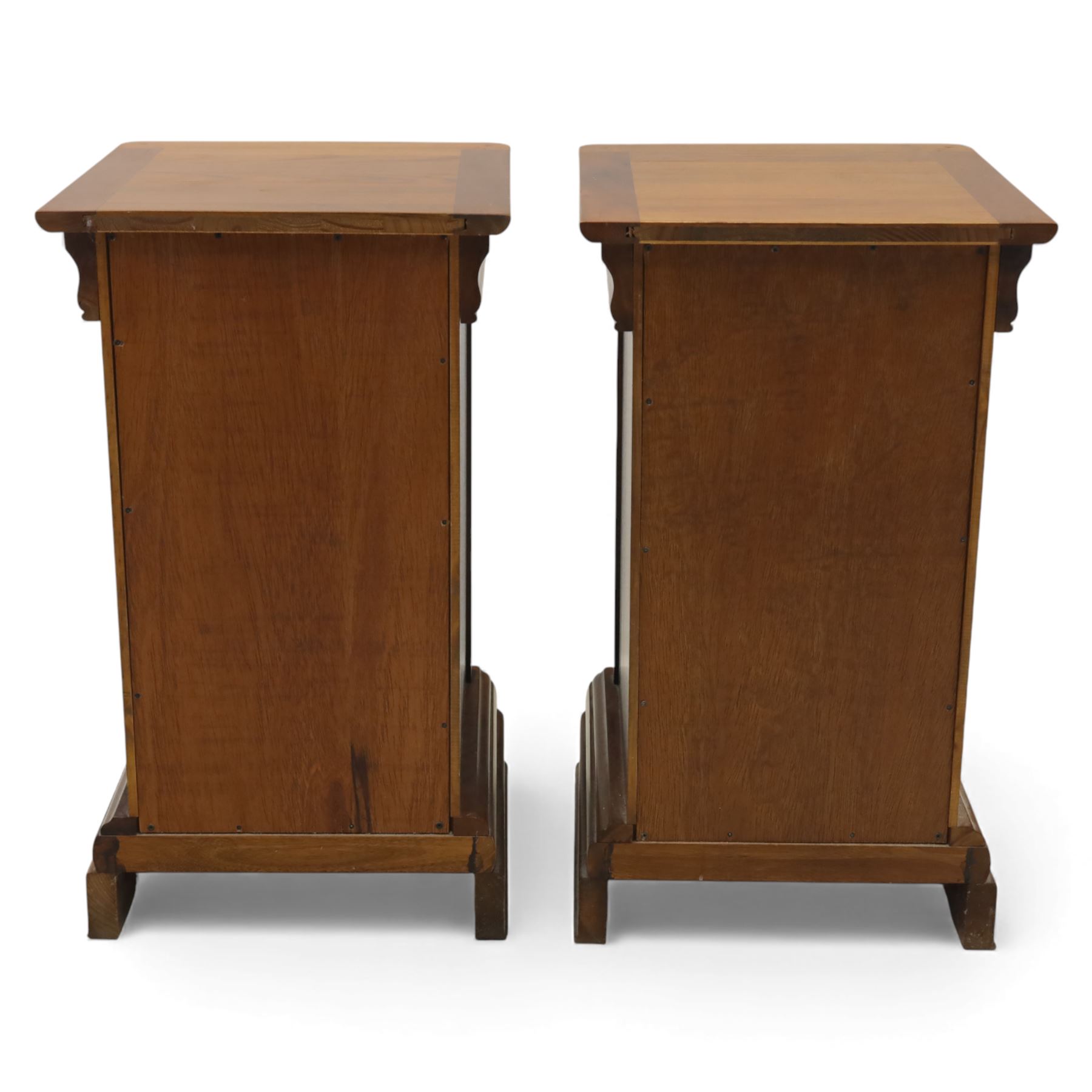 Willis & Gambier - French cherry wood bedside cabinets, each with square moulded top, frieze baize lined drawer and single cupboard door, raised on shaped plinth bases