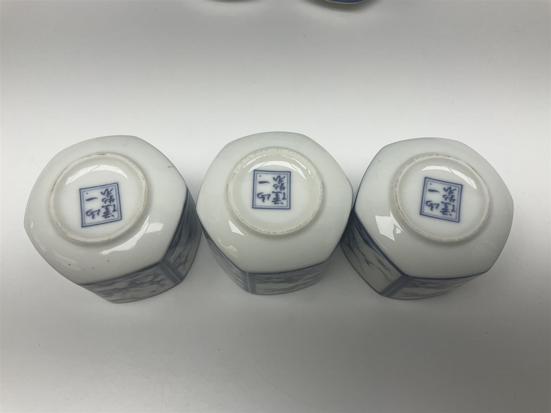 Chinese vase, decorated with vines and grapes and signed beneath, together with Chinese tea set of hexagonal form, comprising teapot and stand and six cups, vase H30cm