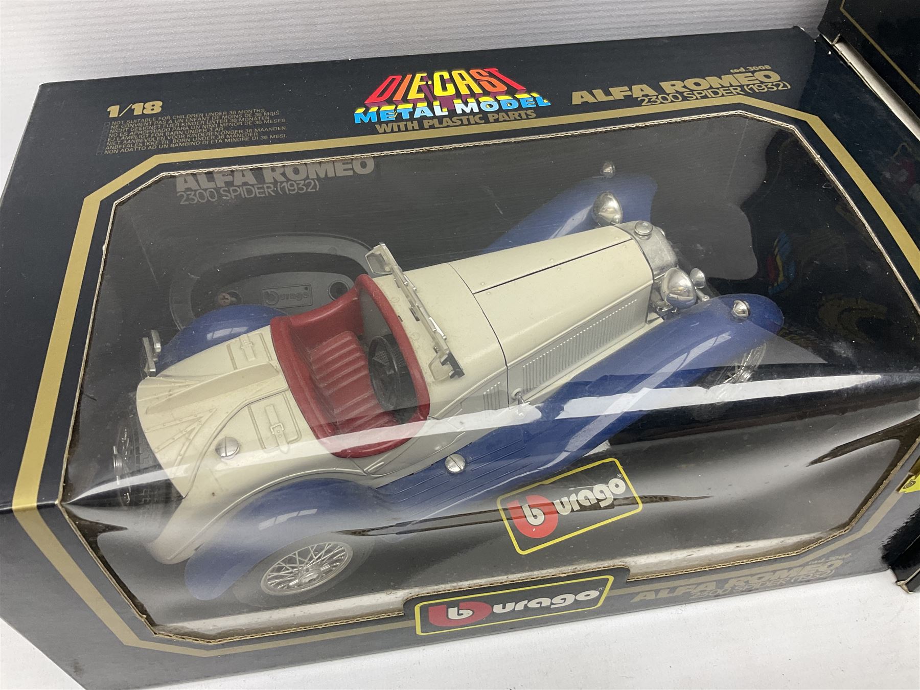 Bburago - seven 1:18/1:20 scale die-cast models comprising Jaguar SS100 (1937), Alfa Romeo 8C 2300 Monza (1931), Alfa Romeo 2300 Spider (1932), Ferrari Testarossa (1984), Bugatti Type 59 (1934), Mercedes Benz 500K Roadster (1936) and Ferrari 250 Testa Rossa (1957); all boxed (7)