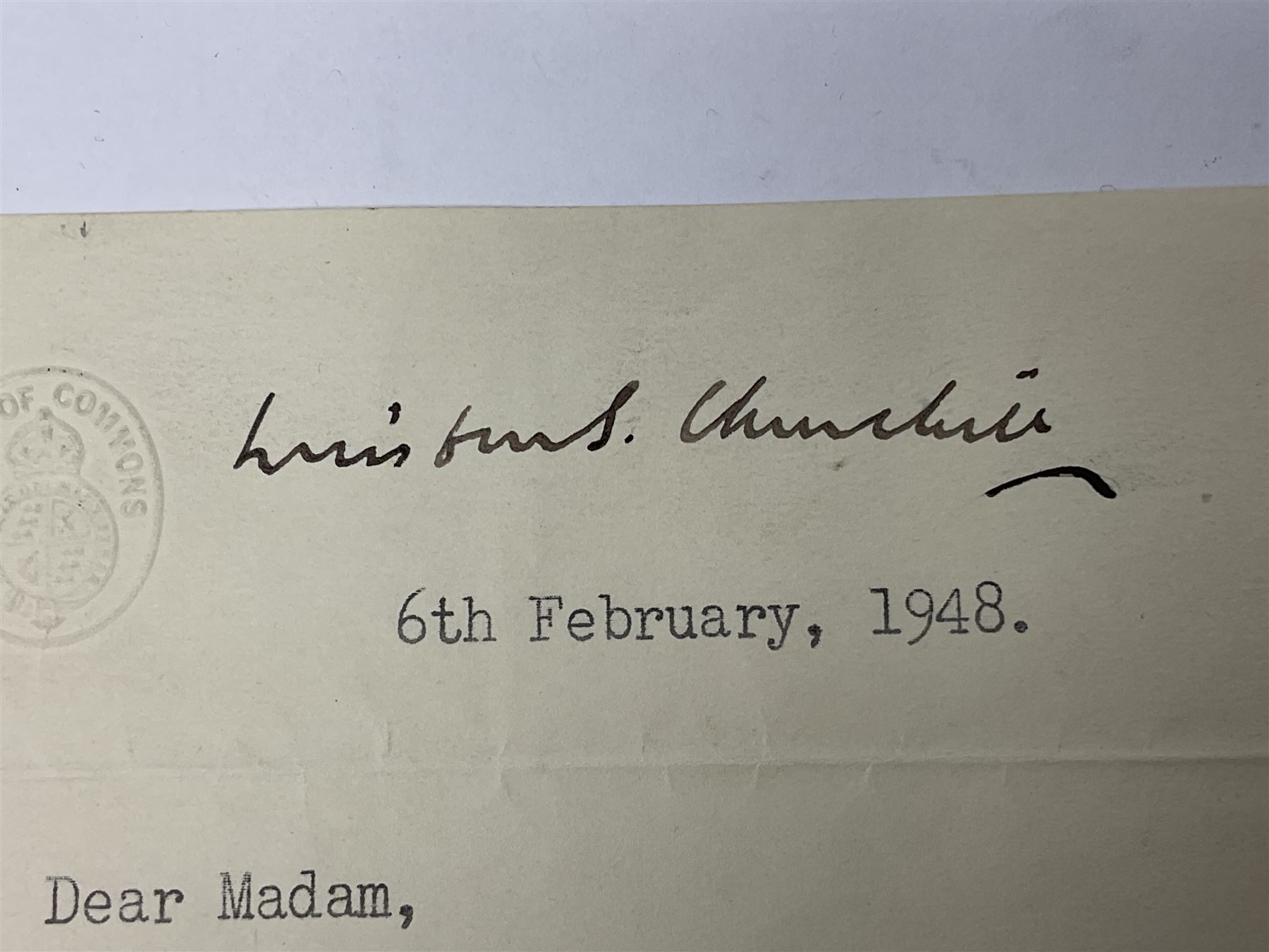 CHURCHILL WINSTON S.: (1874-1965) British Prime Minister 1940-45, 1951-55. Nobel Prize winner for Literature, 1953; post-WW2 T.L.S., to Miss Maclellan from Elizabeth Gilliatt Private Secretary thanking her on behalf of Churchill 
