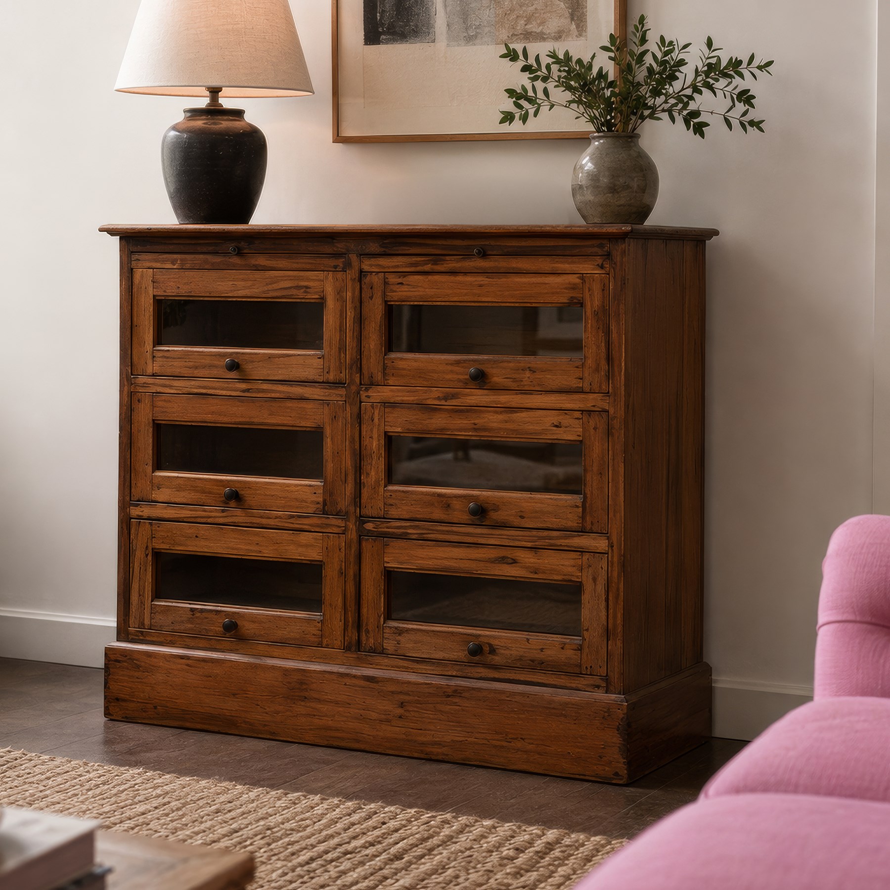 20th century Haberdashery style hardwood chest, two brushing slides, with six glass fronted drawers, blackened metal pulls, plinth base 