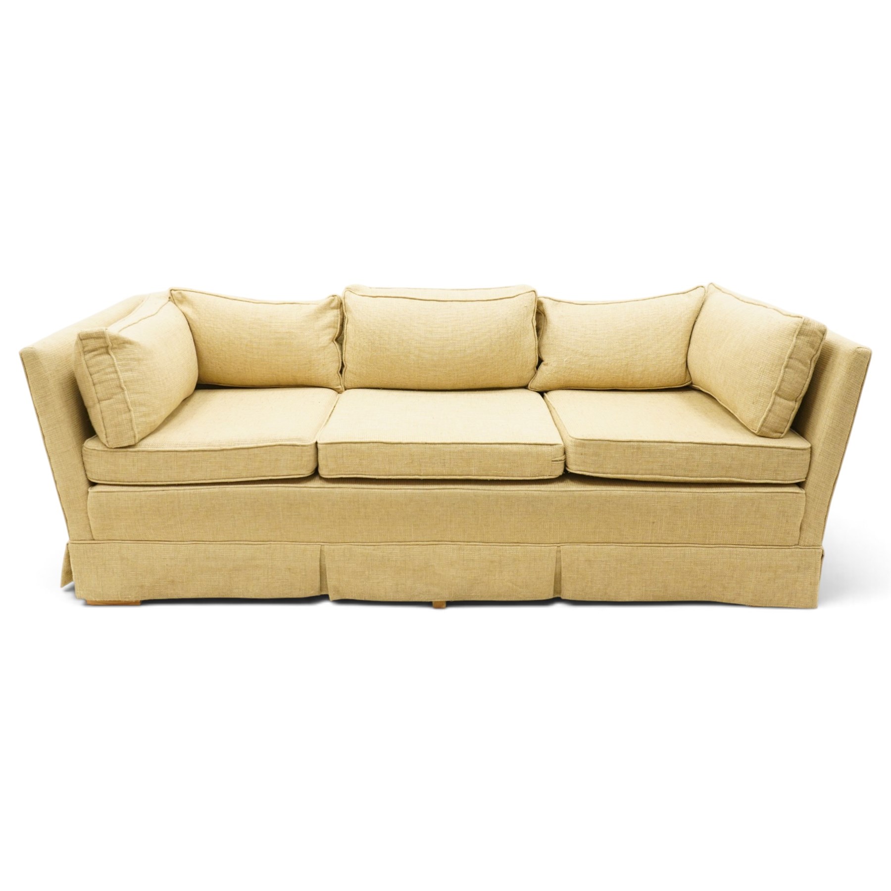 Duresta - three seat sofa of traditional Knole shape, upholstered in neutral tweed-effect fabric with matching seat cushions