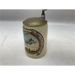 German presentation beer stein, printed with a study of a bi-plane, hinged cover engraved UFFZ Jacob, H16cm