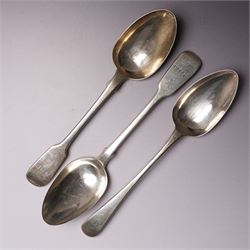 Pair of Victorian silver fiddle pattern table spoons London 1844 Maker James & Albert Savory, George III table spoon by Peter and Ann Bateman, engraved silver caddy spoon Birmingham 1810 Maker Samuel Pemberton and three other silver items 