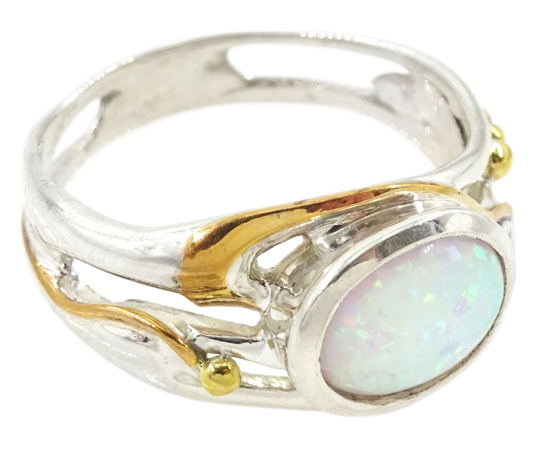 Silver and 14ct gold wire, single stone opal ring, stamped 925