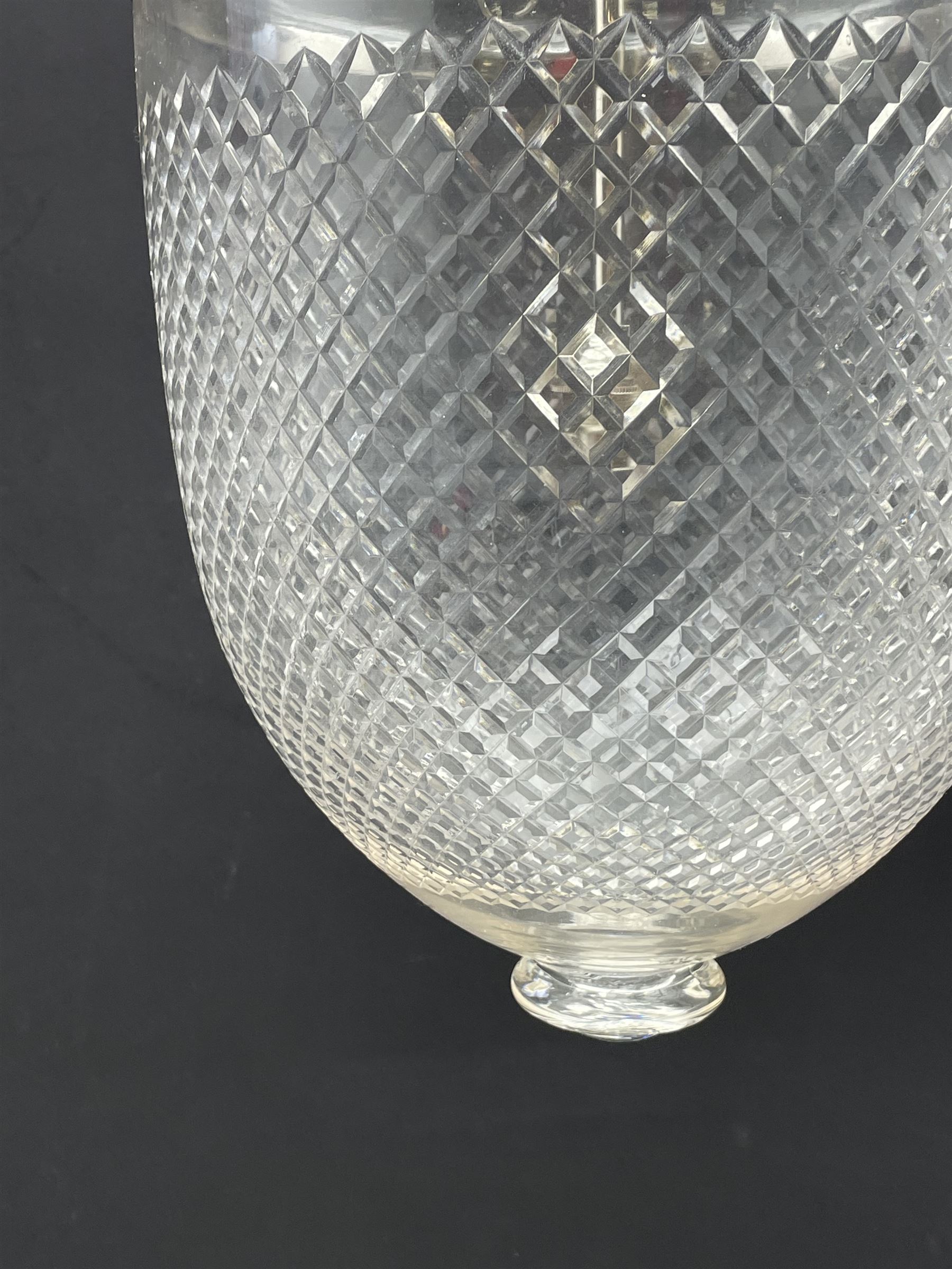 India Jane Interiors - pair of glass hallway lanterns, hobnail glass bell shaped jar, wide shaped glass dish, silvered metal chains and band with single branch 