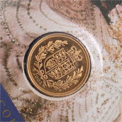 Queen Elizabeth II 2002 gold full sovereign coin, housed in Westminster 'The Queen Mother' coin cover