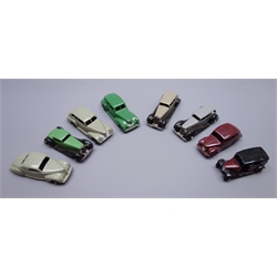  Dinky - eight unboxed and playworn early die-cast models including Chrysler, Oldsmobile, Lincoln Zephyr, Austin Devon, taxi with driver etc  