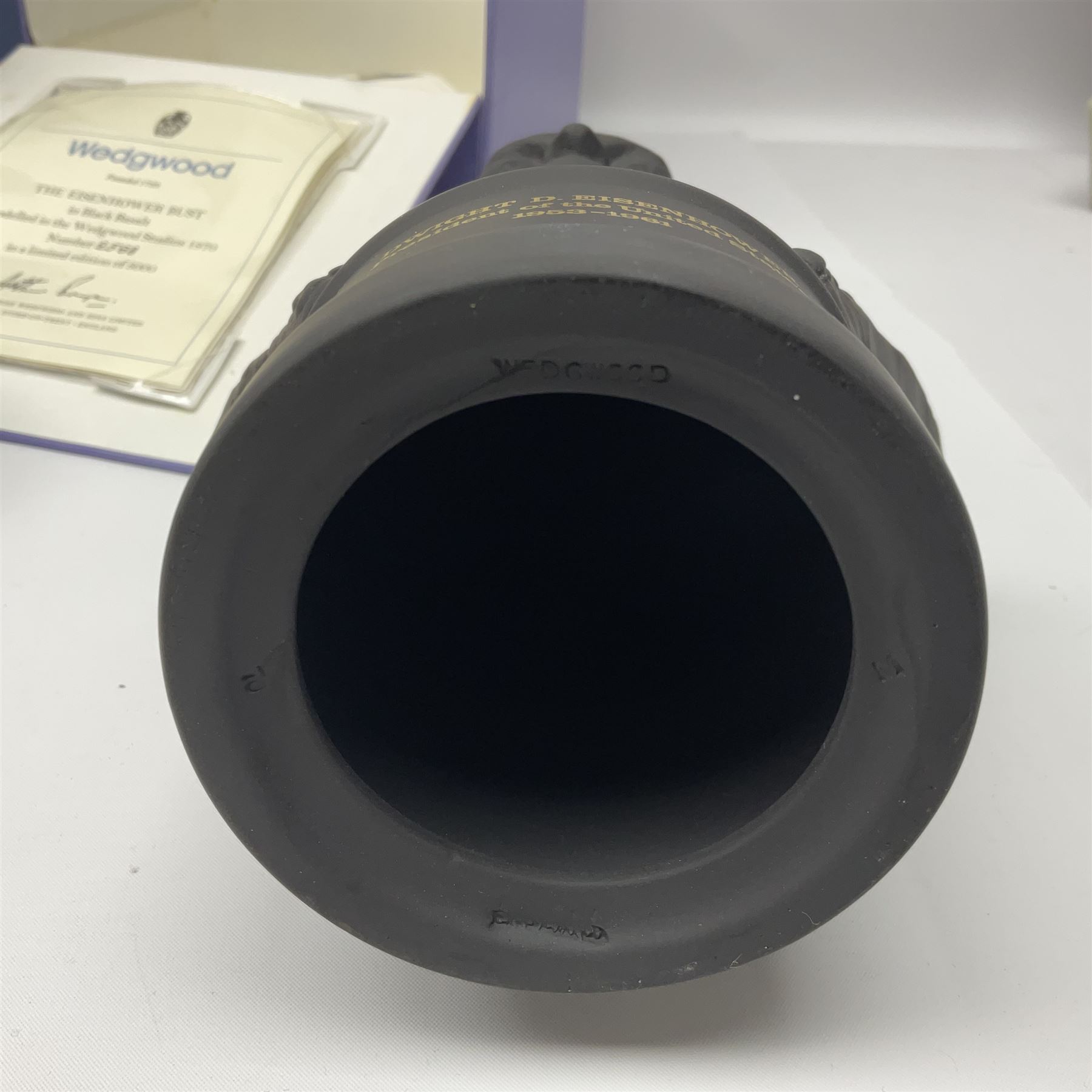 Collection of Wedgwood Jasperware, to include black Eisenhower Bust, two black basalt paperweights, one depicting an eagle and one depicting Julius Caesar, a blue Zodiac plate, Man on the Moon commemorative plate, American Independence Bicentennial plate and Royal commemorative ware, etc, all with impressed marks beneath, some with boxes