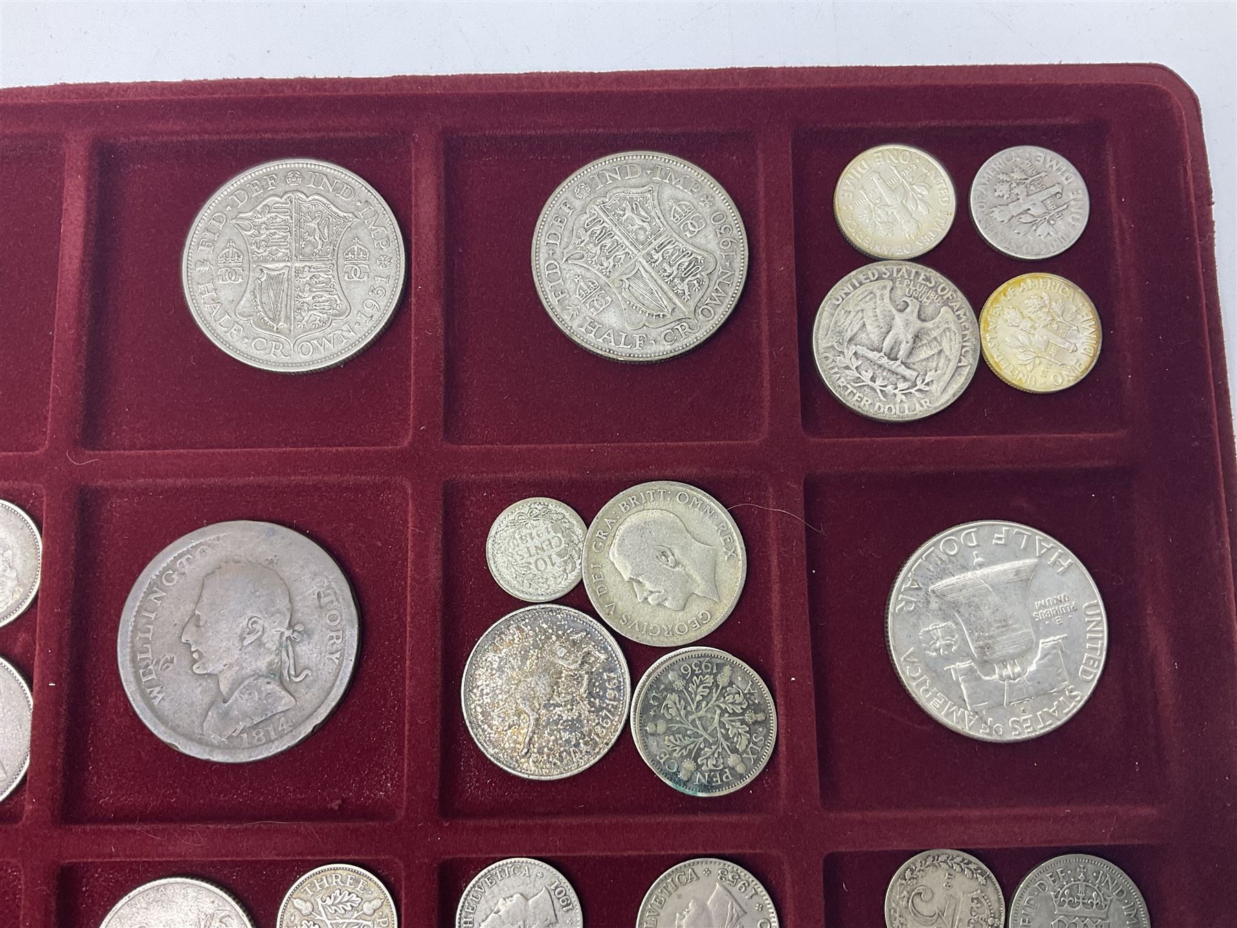 Great British and World coins including King George V 1935 crown, various silver three pence pieces, United States of America 1944 quarter dollar etc, housed in a coin tray