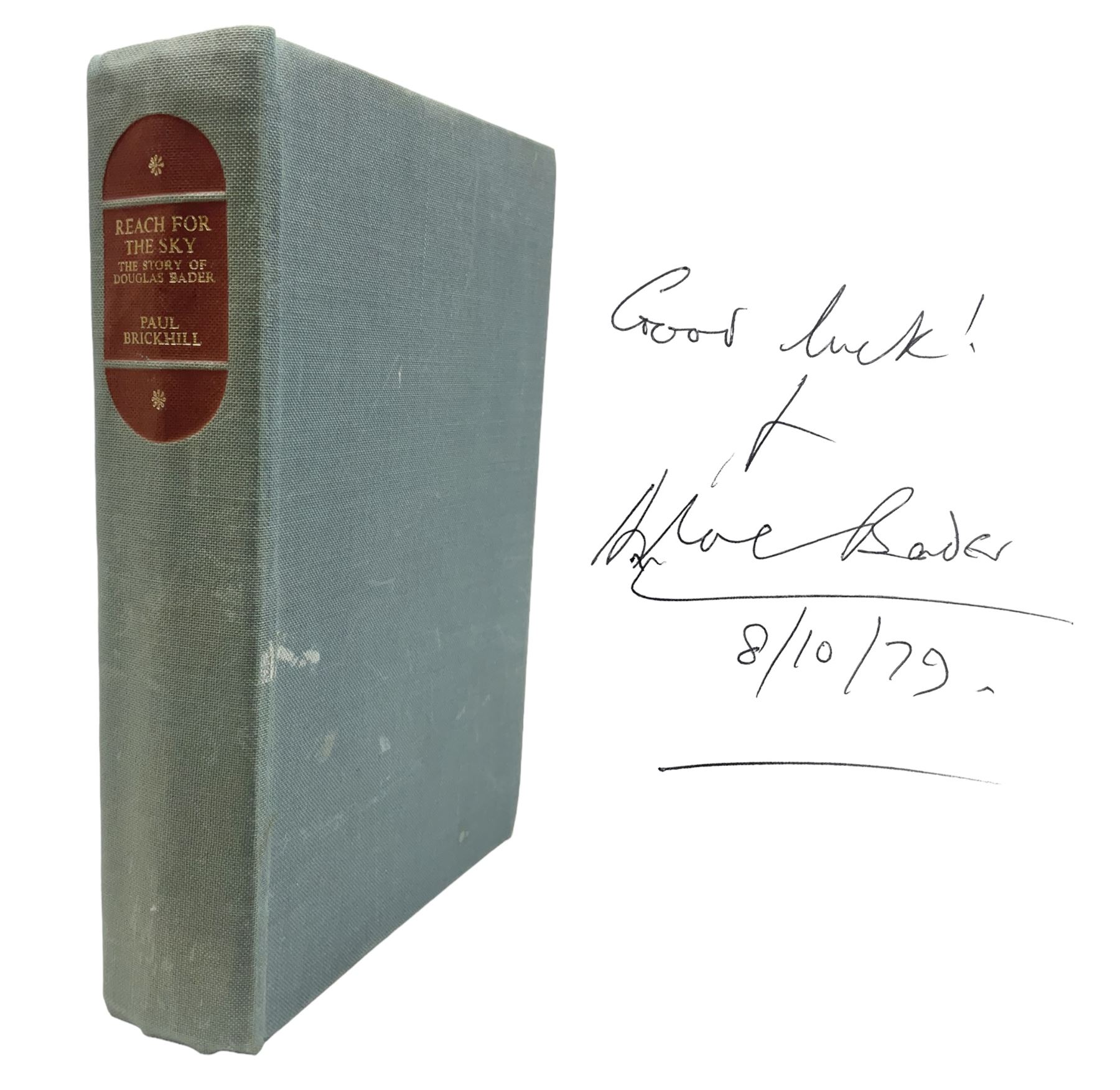 Douglas Bader signature - Reach For The Sky by Paul Brickhill. 1955 Companion Book Club Edition. Signed on the fep and dated 8/10/79.