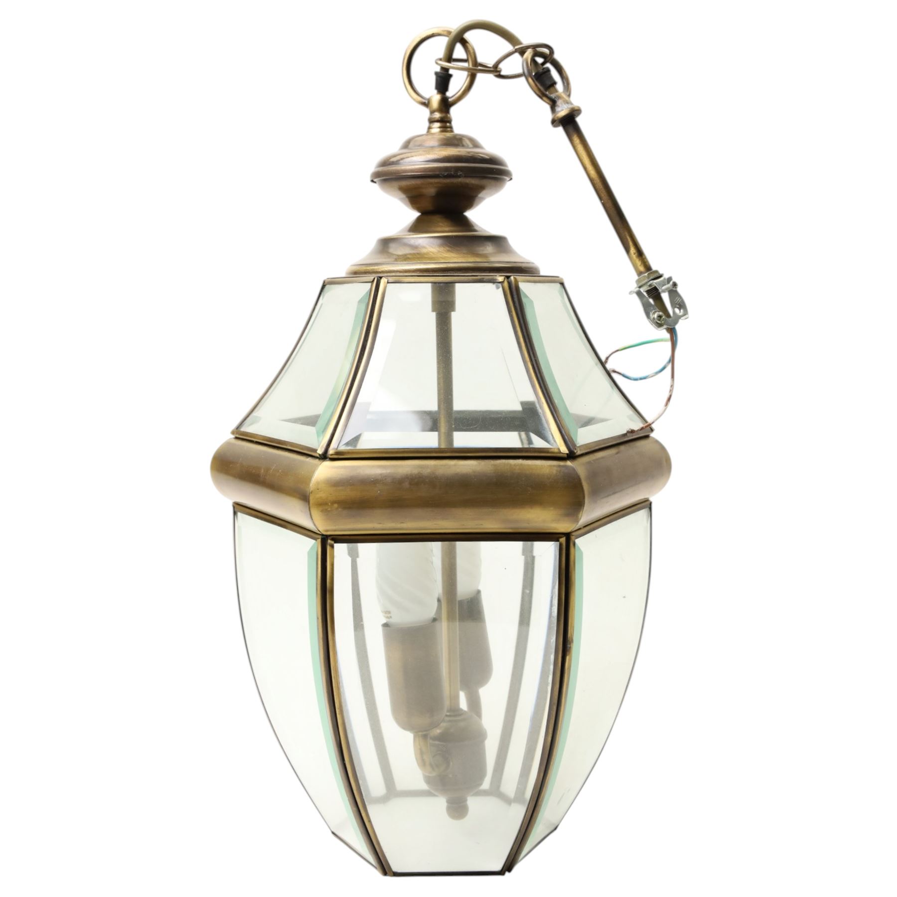 Two light hall lantern in metal and bevelled glass case, drop H64cm