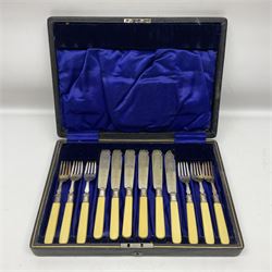 Set of six EPNS fish knives and forks with ivorine handles and hallmarked silver ferrules, boxed, together with a tapering glass decanter with hallmarked silver collar and pair of cut glass salts with hallmarked silver collars, decanter H32cm