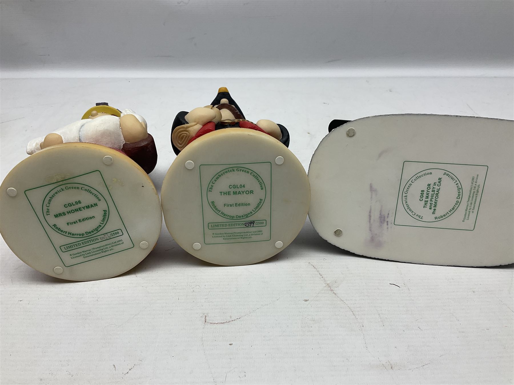 Ten Robert Harrop figures, comprising The World of Roald Dahl Mr Twit RD04 and The BFG RD03, boxed, The Camberwick Green Collection limited edition Mrs Honeyman CG04, The Mayor CGL04 and The Mayor and Philby in the Memorial Car CG68, The PG Chimps Collection Dolly PG003, boxed, Andy Capp by Reg Smythe Andy Capp AC01 and Flo AC02, boxed, and Country Companions English Setter CC21 and Flat Coat Retriever Fisherman CC13, boxed