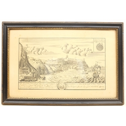 After John Haynes (British fl.1730-1750): 'A South West View of Scarborough', late 19th century engraving in original John Linn & Sons ebonised frame 27cm x 43cm