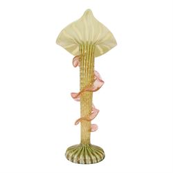 Victorian Jack in the Pulpit Vaseline glass vase, in shades of green and pink, H32cm
