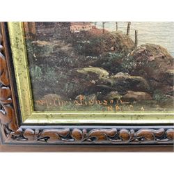 Nils Hans Christiansen RAC (Danish 1850-1922): River Valleys at Dusk, pair oils on board signed 22cm x 14cm (2)