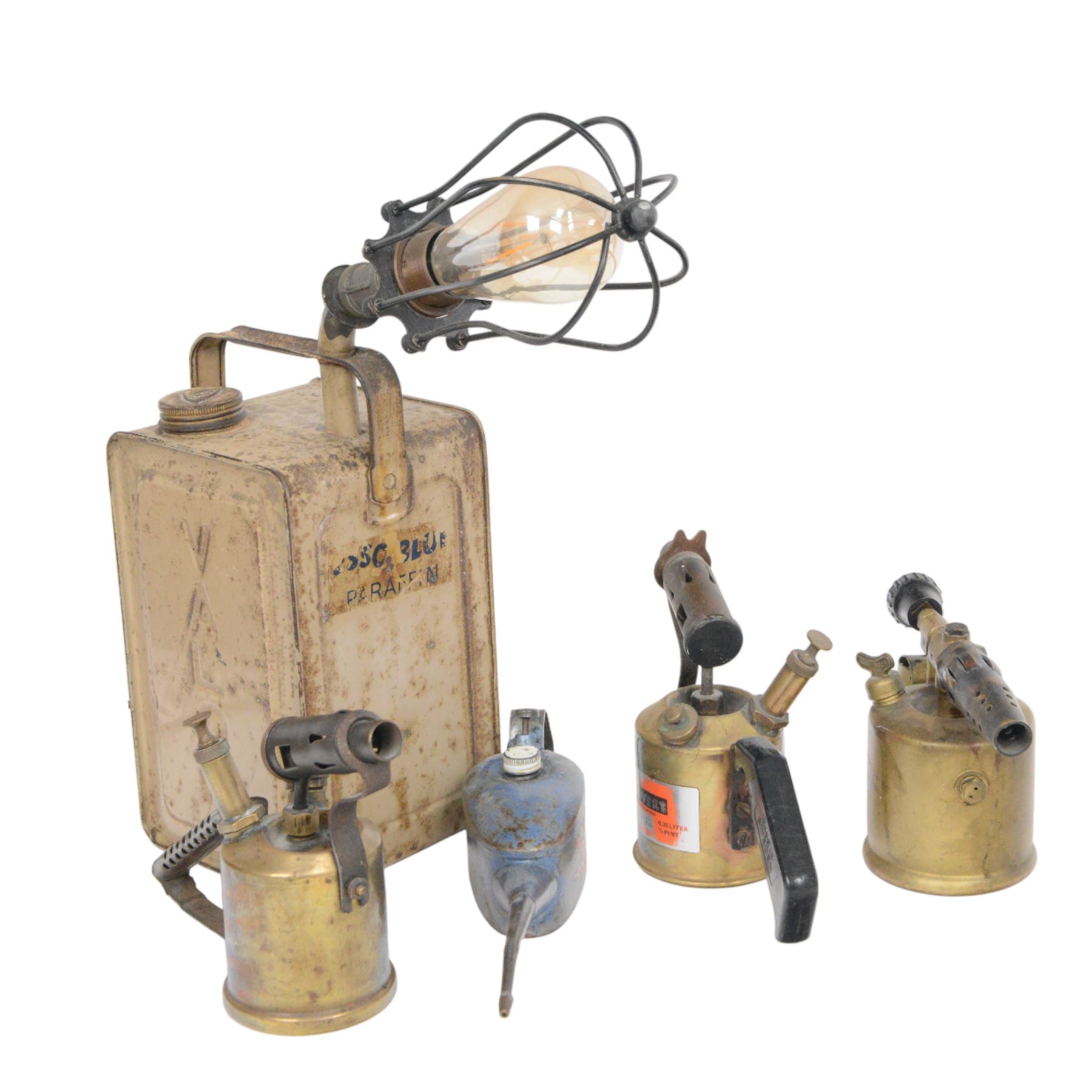 Valor Paraffin can converted to lamp, oil can and three blow torches, including AB Optimus and Burmos examples
