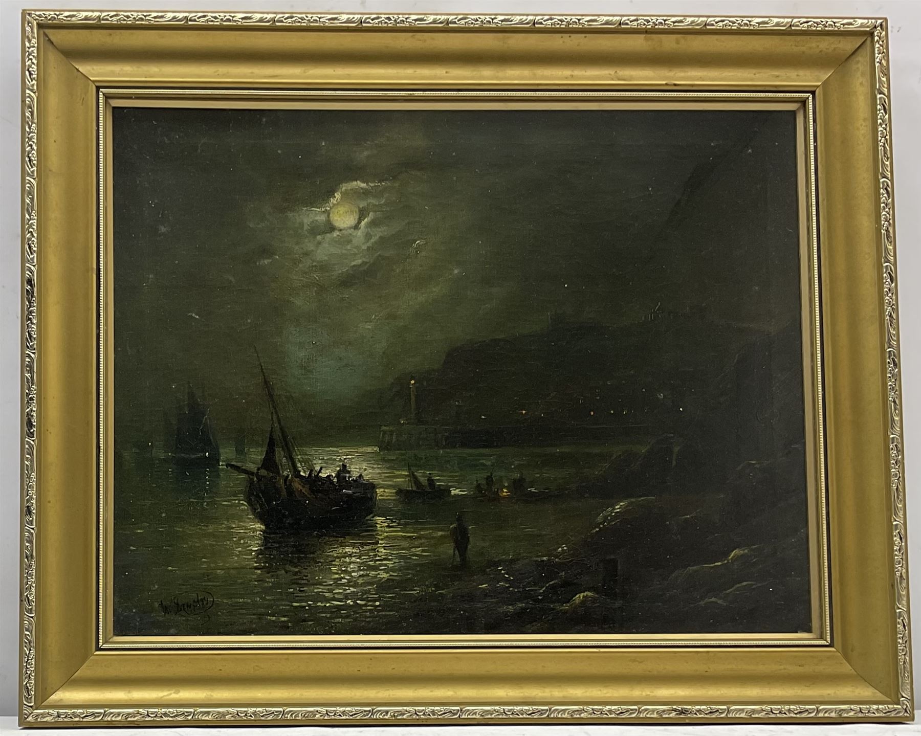 Walter Linsley Meegan (British c1860-1944): Whitby Harbour from Upgang by Moonlight, oil on canvas signed and dated 1878, 33cm x 43cm 
Provenance: Meegan was the vendor's maternal great-grandfather