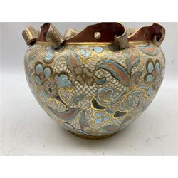 Three jardinières comprising West German Gerz example decorated in relief, Doulton Slaters example with frilled everted rim and a majolica example, and a further two Arthur Wood majolica jugs (5)