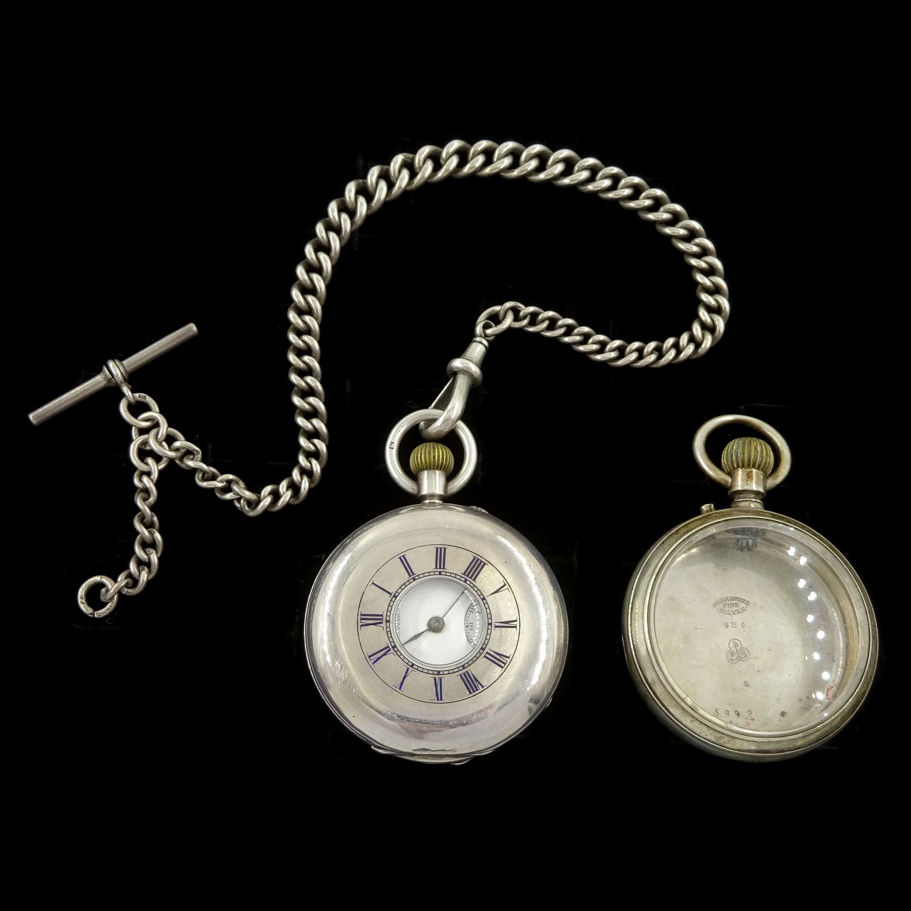 Victorian silver half hunter keyless lever pocket watch by Arthur Jack & Co, Cheltenham, No. 28881, white enamel dial with Roman numeral hour markers and subsidiary seconds dial, case by Errington Watch Company, Birmingham 1898, on silver Albert chain by Edwin Page, Chester 1904 with additional silver case