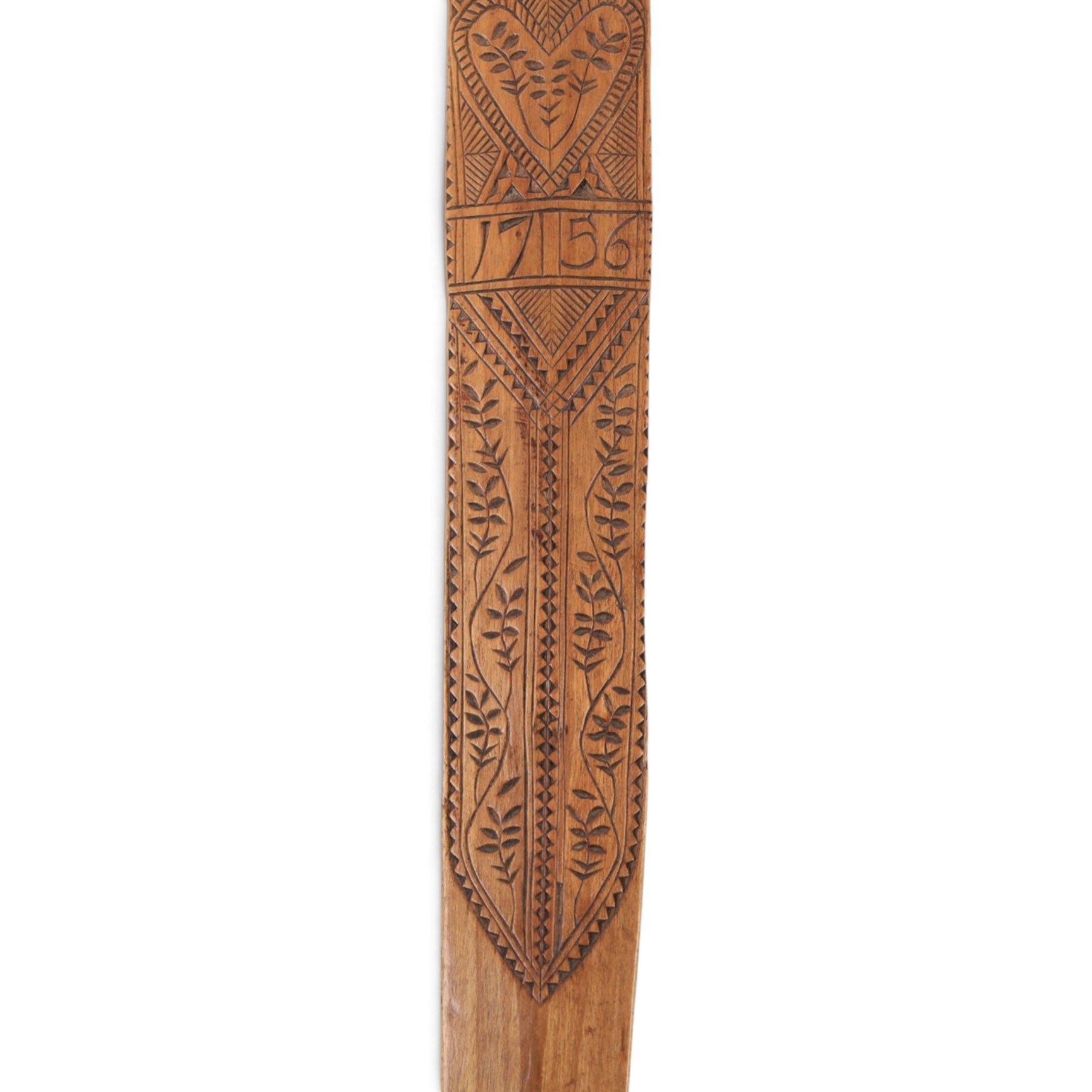 Treen carved a stay busk, dated 1756, the decorated with geometric boarded and foliate sprigs, with pierced top finished with three stars, H37cm