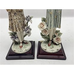 Set of four Giuseppe Armani Florence figures, Iris, Rose, Lily and Daisy, each modelled as ladies in 1920s dress amongst flowers, with names and signature inscribed and upon mahogany base, H23cm