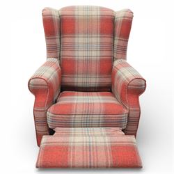 Next Home - Contemporary wingback reclining armchair, high winged back with padded sides, scroll arms, upholstered throughout in red and beige check fabric, loose seat cushion, fitted with a reclining mechanism, raised on short turned wooden 
