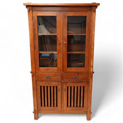 Reclaimed hardwood bookcase display cabinet, fitted with two glazed doors above two drawers, two slatted cupboards to base