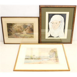 M S Leaton after Robert Campin (c.1375-1444): Woman with White Headscarf, 20th century watercolour signed, and two further landscape watercolours, max 27cm x 37cm (3)