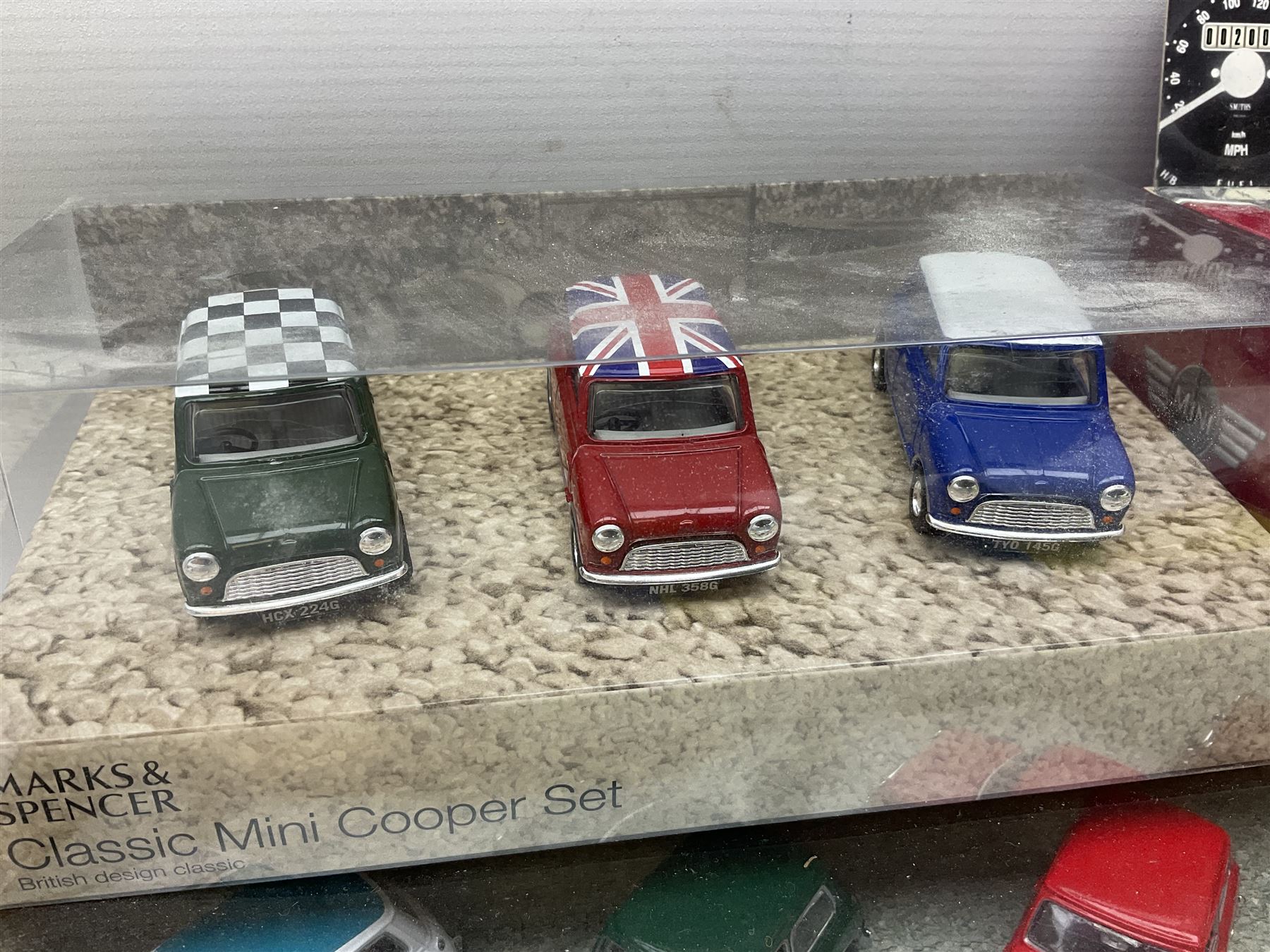 Various makers die-cast Mini cars - Cararama set of five; TechniToys SCX Vintage limited edition Mini Cooper; M&S Mini Cooper set; various Corgi including Mr. Bean; Vanguards Austin Seven mini van etc; all boxed (10)