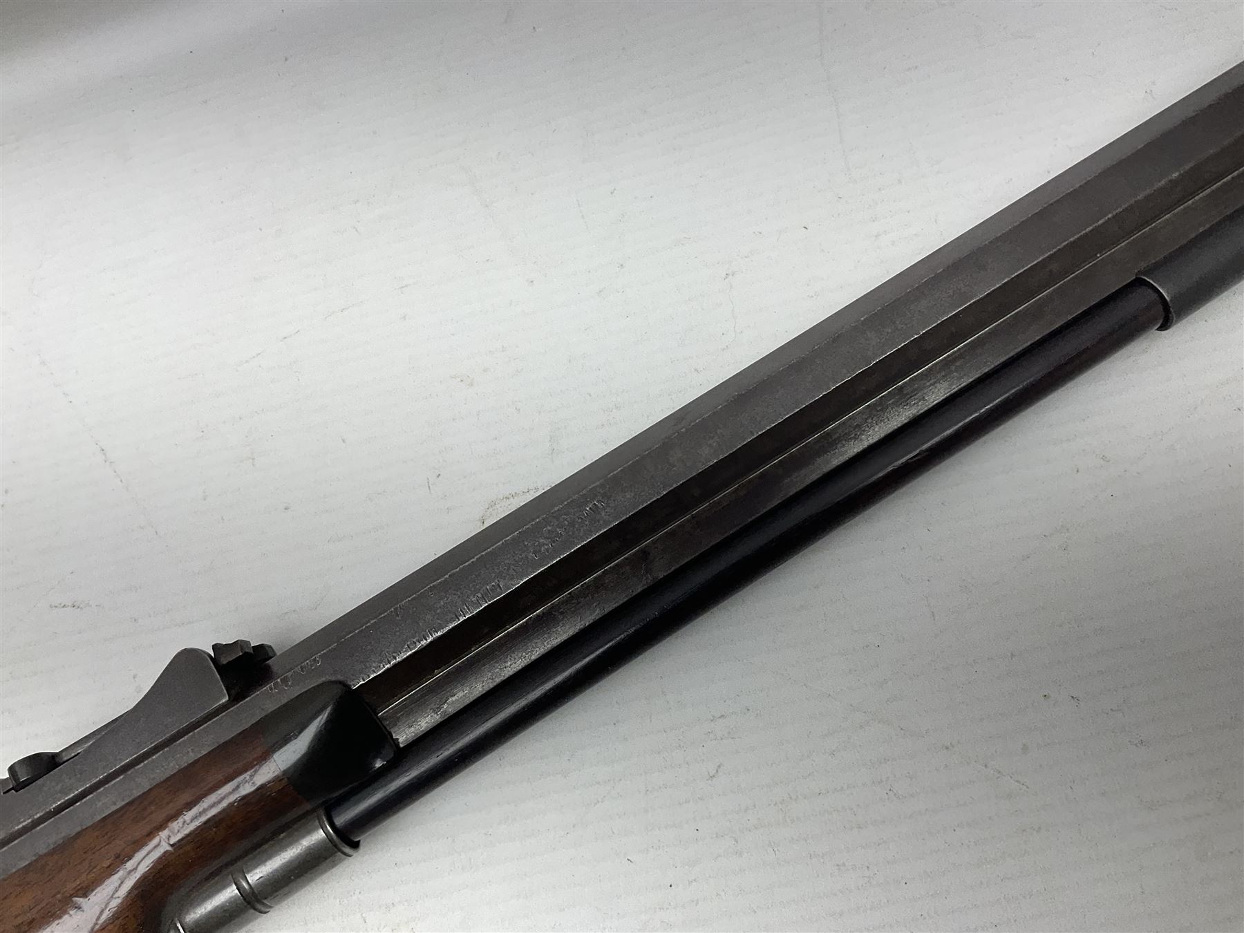Mid-19th century percussion rifle by Geo. Forrest & Sons of Jedburgh No.844, 79cm octagonal barrel (approx .45 bore) with folding foresight, the lock plate with dolphin hammer finely engraved with a tiger and a stag, trigger guard engraved with hounds chasing a stag, figured walnut half stock with chequered grip and original ramrod 121cm overall; with framed photograph of original owner Dr. A.B. Dresser and archive of related ephemera including manuscript letter from the makers to Dr. Dresser regarding the sight specifications.