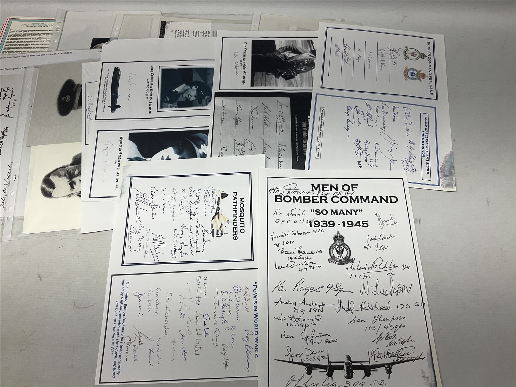 76 Squadron - small archive of photographs, signatures etc; signed copy of Conversations with a Rear gunner by Tony Winser; and collection of signatures of WW2 pilots and aircrew, some original but most facsimile/copies, including Lt. Col. W.A. Bishop VC, DSO, MC, DFC, Johnnie Johnson, Bomber Command etc