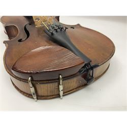 German trade violin in the Steiner style c1900 with 35.5cm two-piece maple back and ribs and spruce top L59cm overall; in fitted carrying case with two bows; and a Saxony violin with 35.5cm one-piece maple back and ribs and spruce top L58.5cm overall (2)