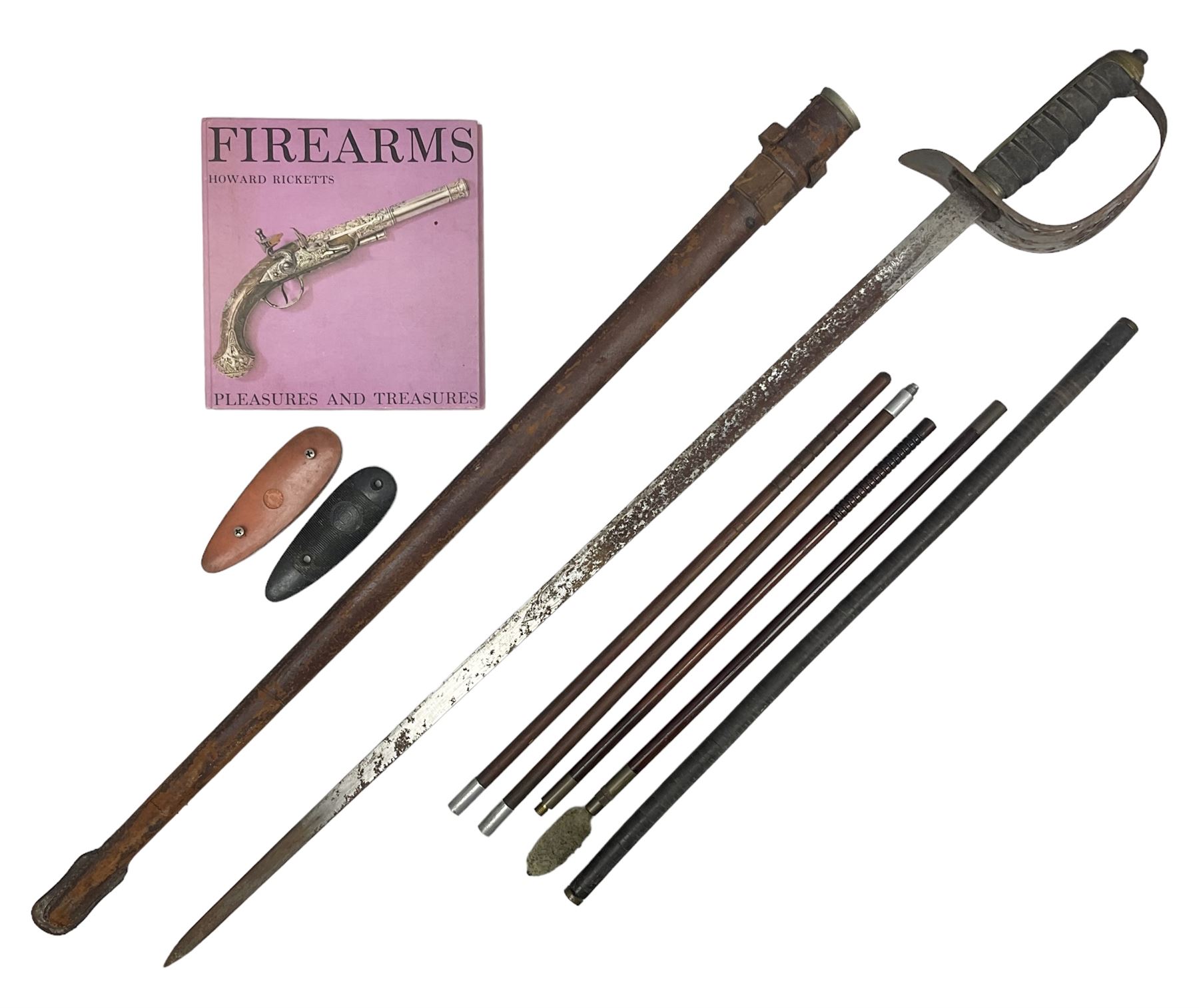George V 1897 pattern Infantry officers sword, the 82cm single fullered blade with traces of etched detail and George V crown cipher, the ricasso marked Hawksworth Sheffield, pierced half basket hilt with George V cypher, wire-bound fish-skin grip with brass pommel and backstrap; in leather scabbard L102cm overall; together with two sectional gun cleaning rods; swagger stick made of leather strips etc