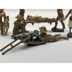 Eight Elastolin British soldiers and wartime figures, including nurse, injured soldier on stretcher, soldier with dog, etc, tallest 11cm