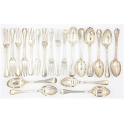  Set of six silver desert forks and spoons Hanovarian military thread pattern by Elizabeth Eaton London 1848 and a similar set of four silver desert forks and spoons Hanovarian fiddle and thread pattern by Chawner & Co London 1876 approx 34oz (20)  