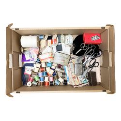  Victorian sampler worked with the alphabet by Carrie Monkman 1886, Victorian silver-plated cigarette case, Carlo simulated tortoiseshell motorised fan in case, Folding Opera Glasses, two chrome leaping Jaguar brooch and matching pin badge, quantity of sewing threads, lace etc