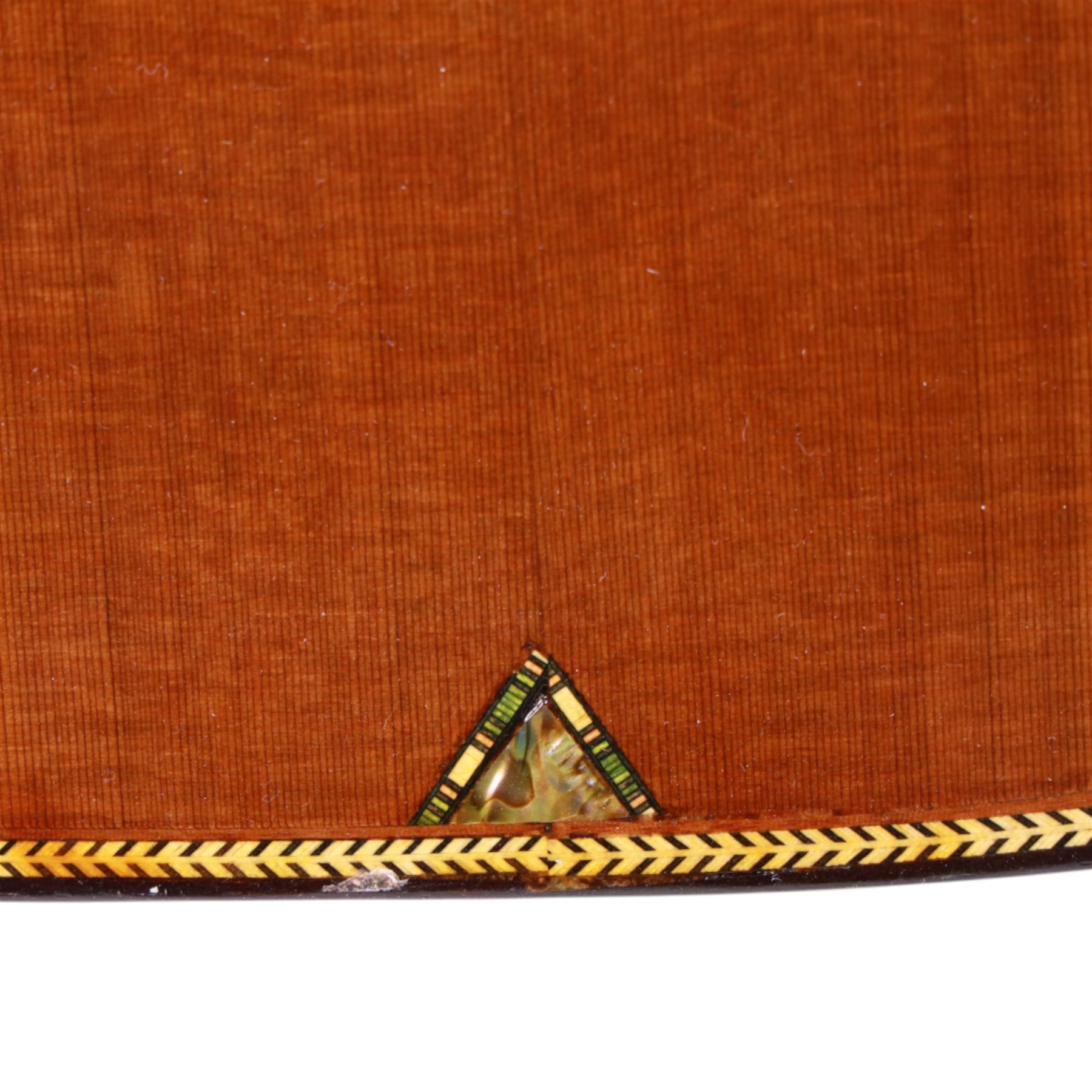 'The Moor Relic' classical guitar, with aged finish and abalone inlay, made by Geoff Hall, stringed instrument maker