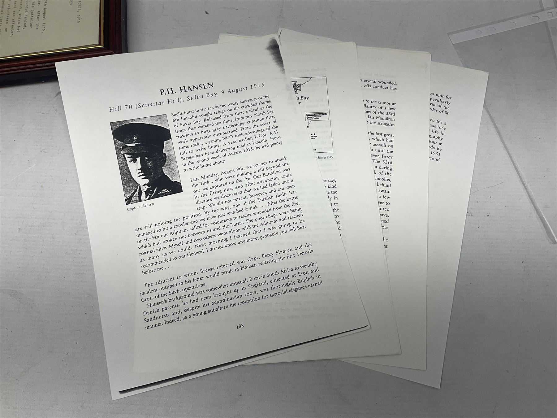 Captain (later Brigadier) Percy Howard Hansen V.C., D.S.O., M.C. 6th (Service) Battalion Lincolnshire Regiment - representative group of thirteen miniature dress medals comprising VC, DSO, MC, WW1 trio, GSM with Palestine clasp, four WW2 medals/stars, George VI Coronation Medal and French Croix-De-Guerre with MID leaves; all with ribbons on pinned bar for wearing; together with display of contemporary tunic ribbon bars for eight medals, framed with Lincolnshire Regiment cap badge, newspaper cutting and London Gazette extract; framed head and shoulder portrait of Hansen in uniform clearly showing his medal bars; and copies of related biographical information. Auctioneer's Note: Extract from the London Gazette 1st October 1915 regarding the VC 'For most conspicuous bravery on the 9th August 1915, at YILGHIN BURNU Gallipoli Peninsular. After the second capture of the 