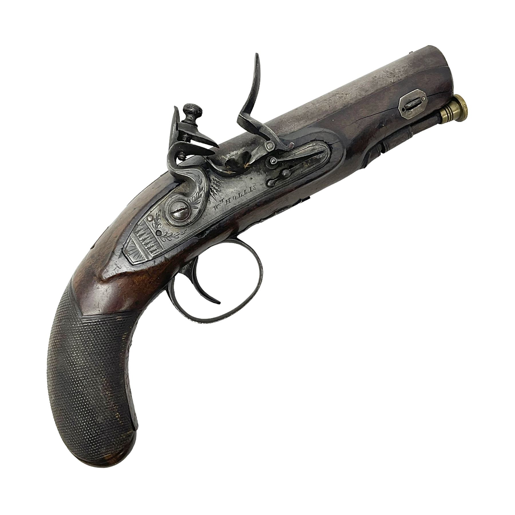 Early 19th century Wm. Hollis flintlock belt or pocket pistol, approximately 20 bore, the 10cm barrel with ram rod under, engraved lock plate with maker's name and roller frizzen, engraved trigger guard with pineapple finial and walnut stock with chequered grip L25cm overall